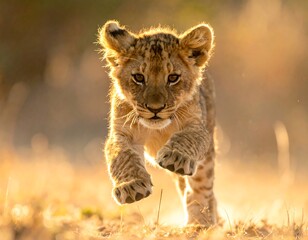 Obraz premium A lion cub running in golden light