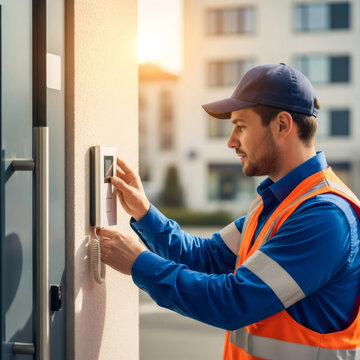 Male technician installing video intercom. Home security system installation or repair man fixing interphone on building wall.