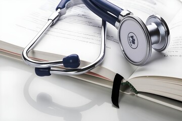 Medical stethoscope resting on an open book with medical information