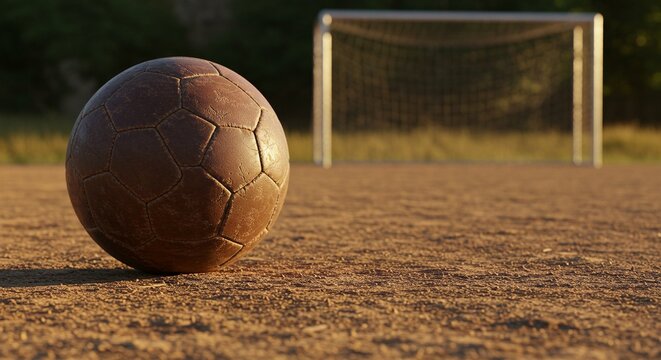 Vintage soccer ball on dirt field, worn and aged, beckons to play. Goalpost looms in background, ready for action. Nostalgic football game.