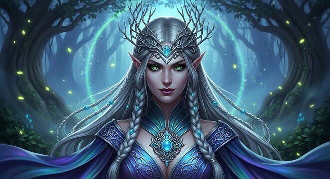 Mystical woodland elf queen with glowing eyes and intricate headdress