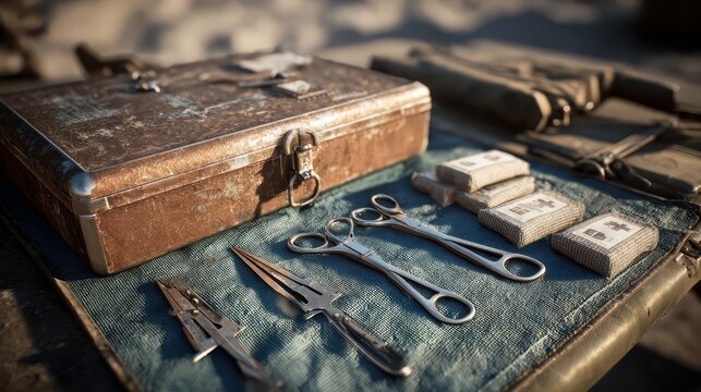Vintage Medical Instruments on a Table with Old Kit and Equipment