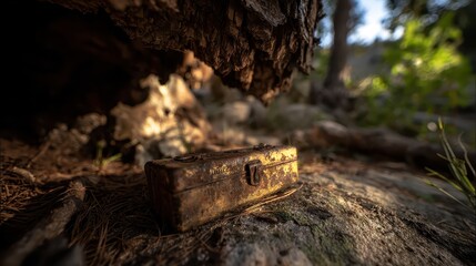 Vintage Metal Toolbox on Grassy Ground Under Tree Shade