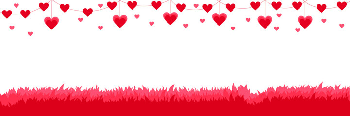 Vector frame banner for Valentine's Day and weddings. Pink garland of hearts and pink grass for a Valentine's Day border or frame. © Mikhail