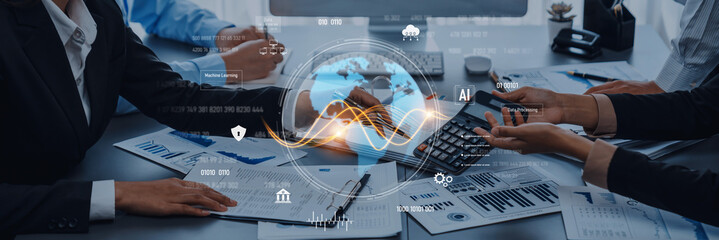 A dynamic business meeting showcases professionals collaborating around a table, integrated with digital elements that represent global data and AI impact on finance. Trope
