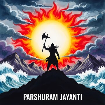 Warrior parashurama stands victorious against a fiery sun and stormy seas