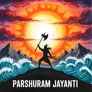 Lord parshuram standing victorious on mountain top with axe at sunrise
