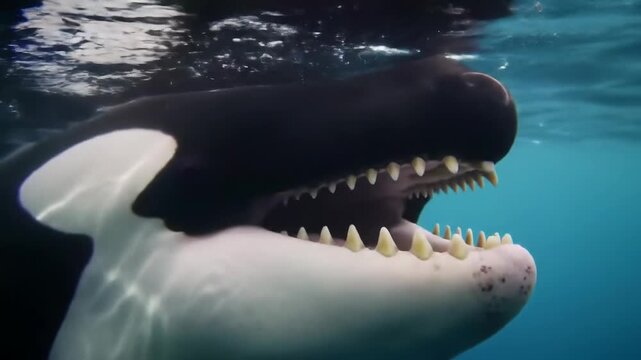 Closeup underwater view of an orcas mouth with sharp teeth showcasing its powerful jaw and predatory nature in the ocean.