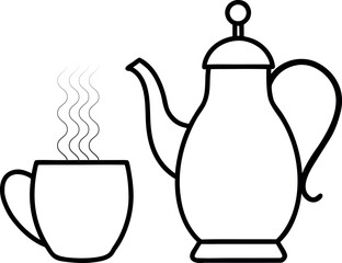 Minimal line art of a steaming coffee cup placed beside a classic teapot