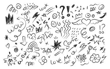 Whimsical black ink doodles with symbols, shapes, and words.