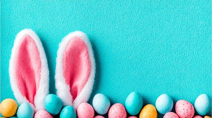 Easter Bunny Ears and Colorful Eggs on Teal Background, Flat Lay, Holiday Concept, Spring Easter, Springtime