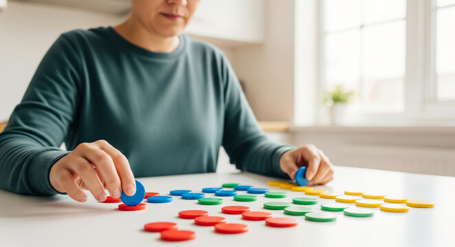 A focused woman engaged in cognitive rehabilitation, sorting colorful tokens for a therapeutic brain training exercise to improve memory
