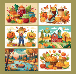 Fototapeta premium Harvest autumn season collage featuring pumpkins scarecrows jars and cozy drinks