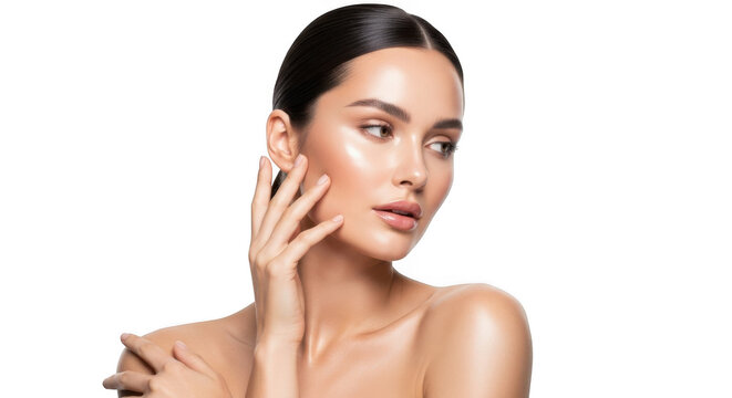 A woman with glowing, radiant skin and dark hair, posing with her hand on her face, isolated on white isolated on transparent background