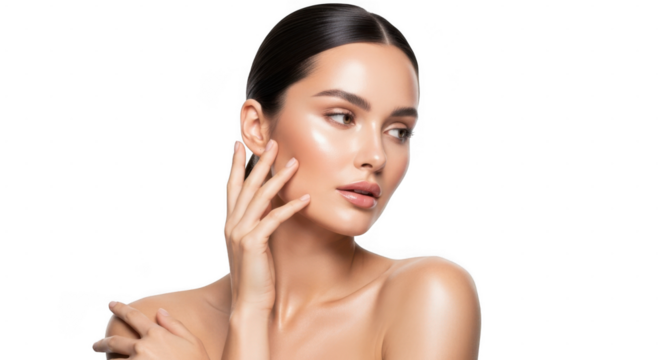 A woman with glowing, radiant skin and dark hair, posing with her hand on her face, isolated on white isolated on transparent background