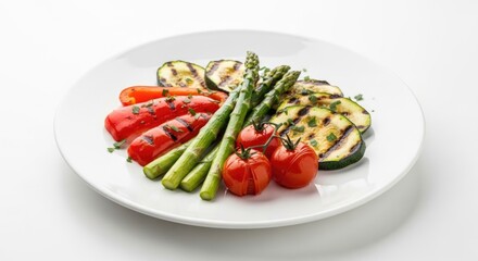 Grilled vegetables with asparagus, zucchini, peppers, and tomatoes on a white plate