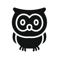 Stylized black and white icon of a cute cartoon owl with large eyes and feather details
