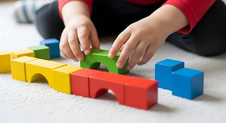 Child playing with colorful wooden building blocks on the floor.