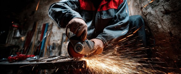 The metalworker cutting a steel plate with an angle grinder sending bright sparks