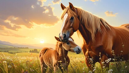 Obraz premium Mother horse and foal at sunset (1)
