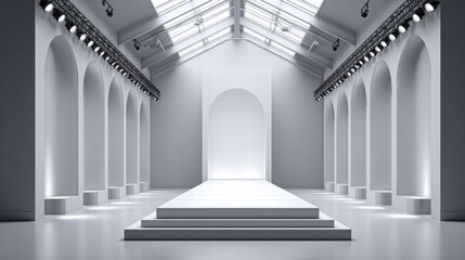 Obraz premium Empty fashion runway stage with bright lights and architectural design.