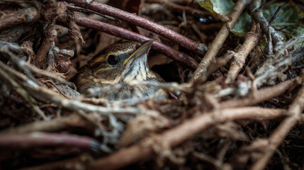 Fototapeta premium Nestled bird hiding among twigs and dry leaves in a natural environment creating a cozy, hidden sanctuary in a tangle of branches and foliage.