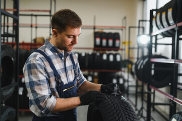 Mechanic measuring tire tread depth in automobile service centre