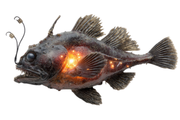 Glowing anglerfish with bioluminescent lure, detailed 3D render on transparent background. background removed