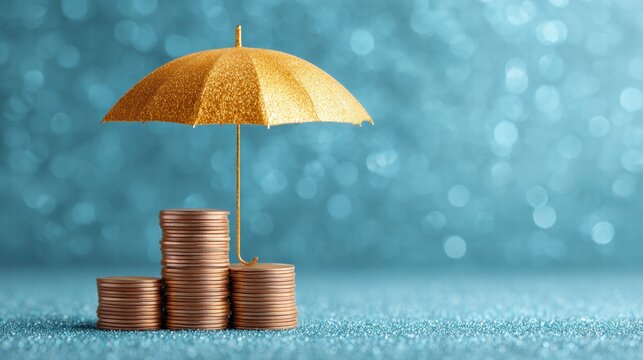 Financial protection concept with coins and umbrella