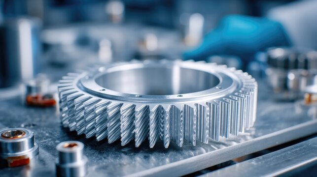 Shiny steel gear detail on industrial table closeup