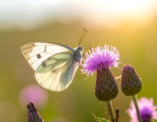Butterfly on a thistle at sunset