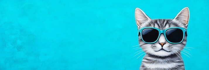 Cool Cat in Sunglasses - A stylish tabby cat wearing teal sunglasses against a vibrant turquoise background. Perfect for summer themes, pet products, and fun designs