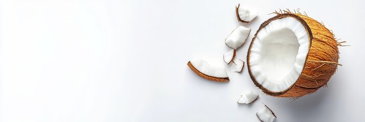Cracked Coconut and White Flesh - A halved coconut with its white flesh exposed, pieces scattered around, symbolizing freshness, purity, tropical vibes, natural goodness, and healthy eating