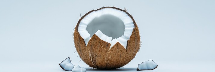 Cracked Coconut on Light Blue Background - A half-cracked coconut with visible white flesh sits on a light blue background, with small coconut pieces scattered nearby