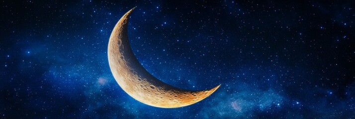 Crescent Moon in Starry Night Sky - A beautiful crescent moon shines brightly against a dark blue night sky filled with twinkling stars and a hint of nebula
