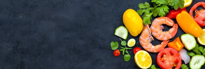 Delicious Seafood and Fresh Vegetables Banner - A vibrant banner showcasing fresh shrimp, colorful vegetables, and citrus fruits.