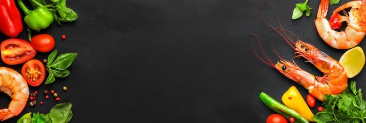 Delicious Seafood and Vegetable Banner - Fresh shrimp, vibrant vegetables, herbs, and spices arranged on a black background.