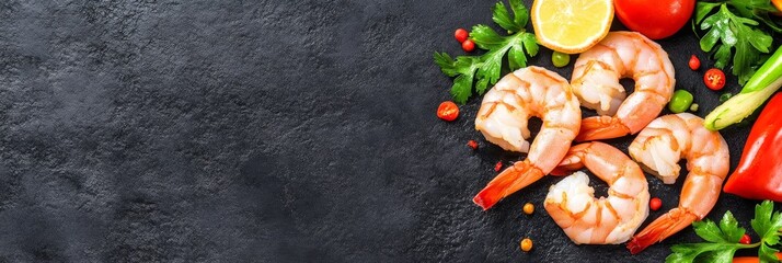 Delicious Seafood Banner with Fresh Shrimp - Fresh shrimp, lemon, tomatoes, peppers and herbs on a dark background. Symbolizing freshness, flavor, health, seafood, and culinary delight