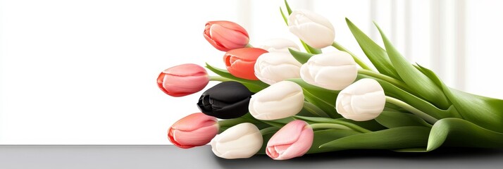 Elegant Bouquet of Tulips - A stunning bouquet of pink, white, and black tulips rests on a dark gray surface against a bright background
