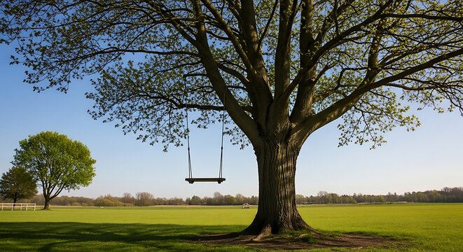 Inviting oak tree with a wooden swing on a bright sunny day nature