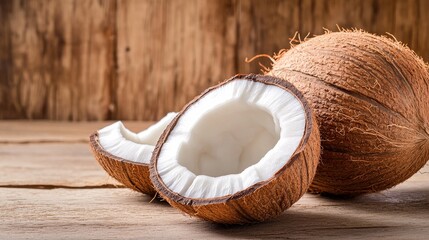 Fresh Coconut Halves on Wooden Table - Two halves of a fresh coconut and one whole coconut sit on a rustic wooden table. Perfect for tropical themes