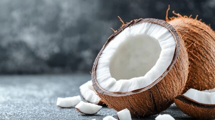 Fresh Coconut Halves and Pieces - Tropical fruit, healthy snack, summer refreshment, natural sweetness, exotic food