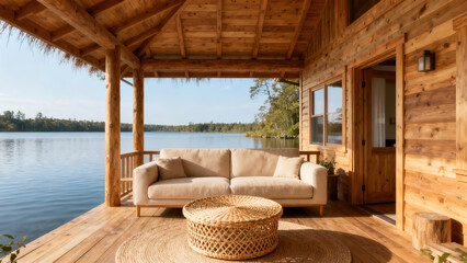 Obraz premium Rustic Modern Wooden Lakeside Living Room