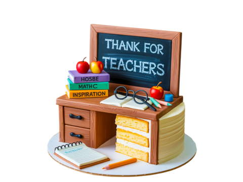 Teachers day cake isolated on transparent background, with desk and blackboard - Powered by Adobe