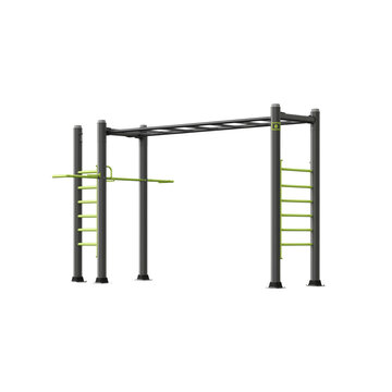 a gray and green outdoor gym equipment set with a black metal frame, a straight bar with two bars on each side, against a white background