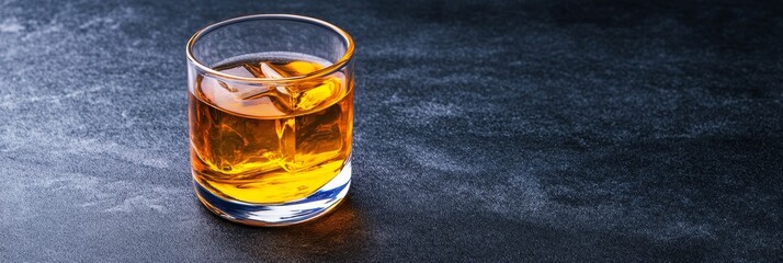 Golden Whiskey on the Rocks - A glass of amber whiskey with ice cubes sits on a dark gray stone surface. Perfect for advertising or