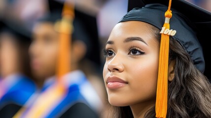 Graduate Woman Hopeful Future - A young Black woman in a graduation cap and gown looks thoughtfully toward the future. She is wearing an orange tassel