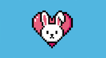 Obraz premium Pixel art bunny in heart, a delightful digital illustration of pixel art bunny with pink heart shape. Charming pixel art bunny for festive occasions and joyful celebrations,