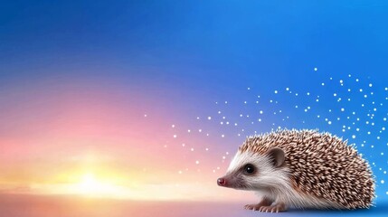 Hedgehog at Sunrise - Adorable hedgehog silhouetted against a vibrant sunrise, surrounded by magical sparkles. Perfect for nature, animal, and whimsical themes