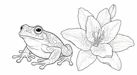 Line art illustration of tree frog and lily, showcasing nature scene in outline, presenting a naturalistic composition.